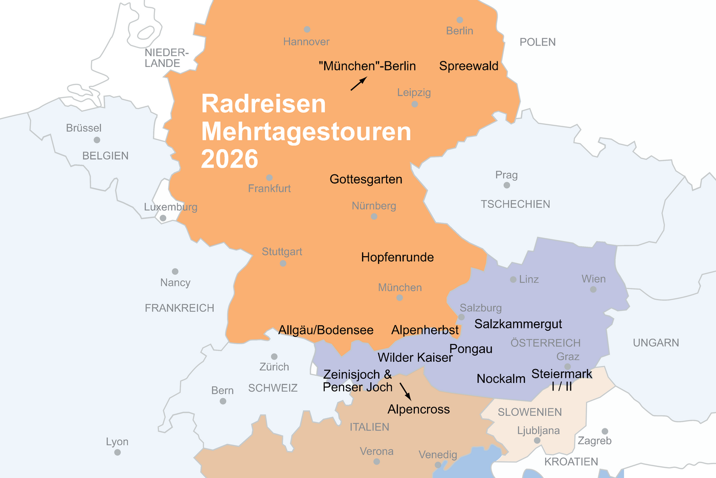 Karte 2026 Landkarte und Übersicht der Angeboten Radreisen des ADFC München 2026